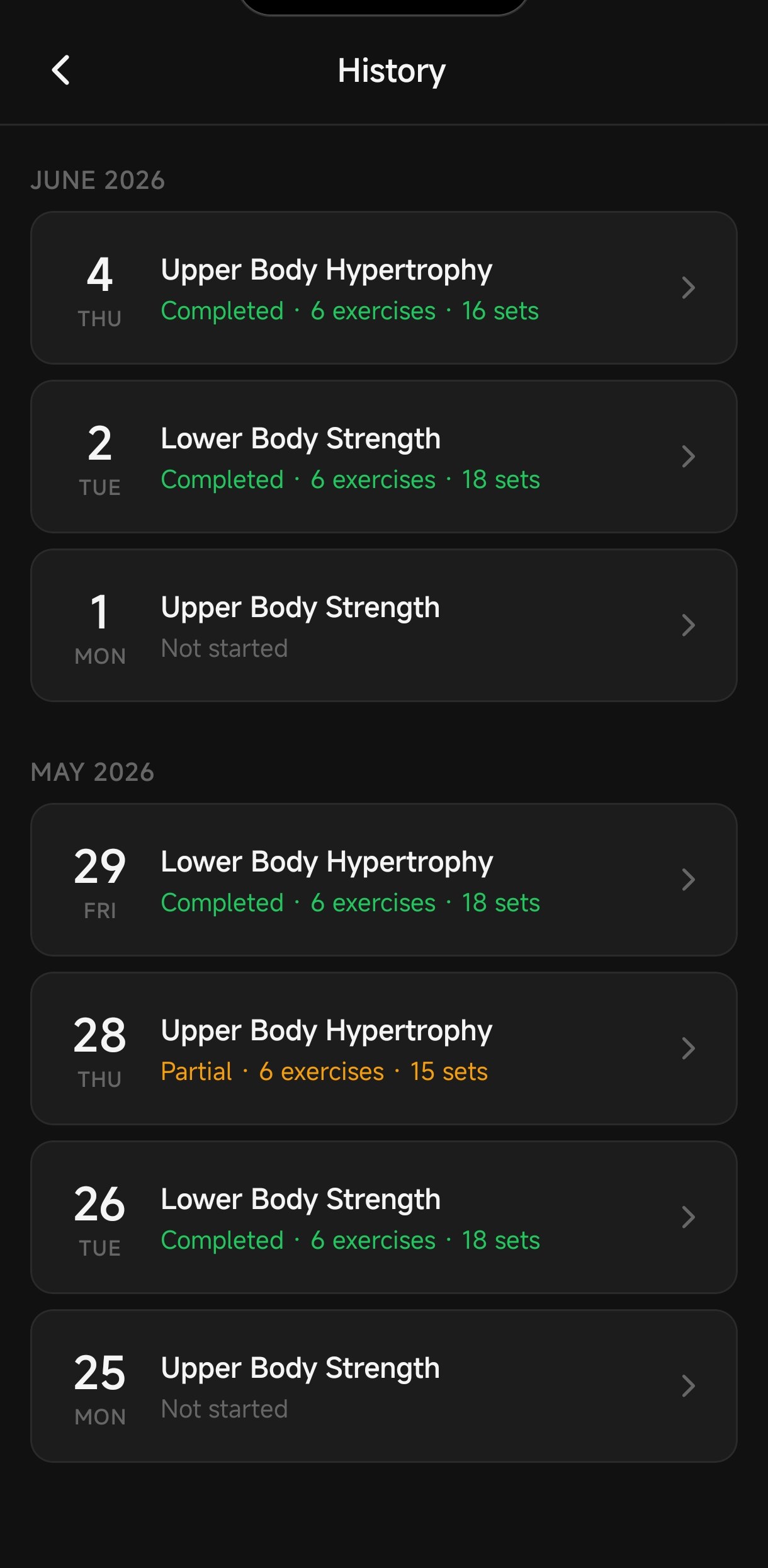 Kinta Fit workout history by date