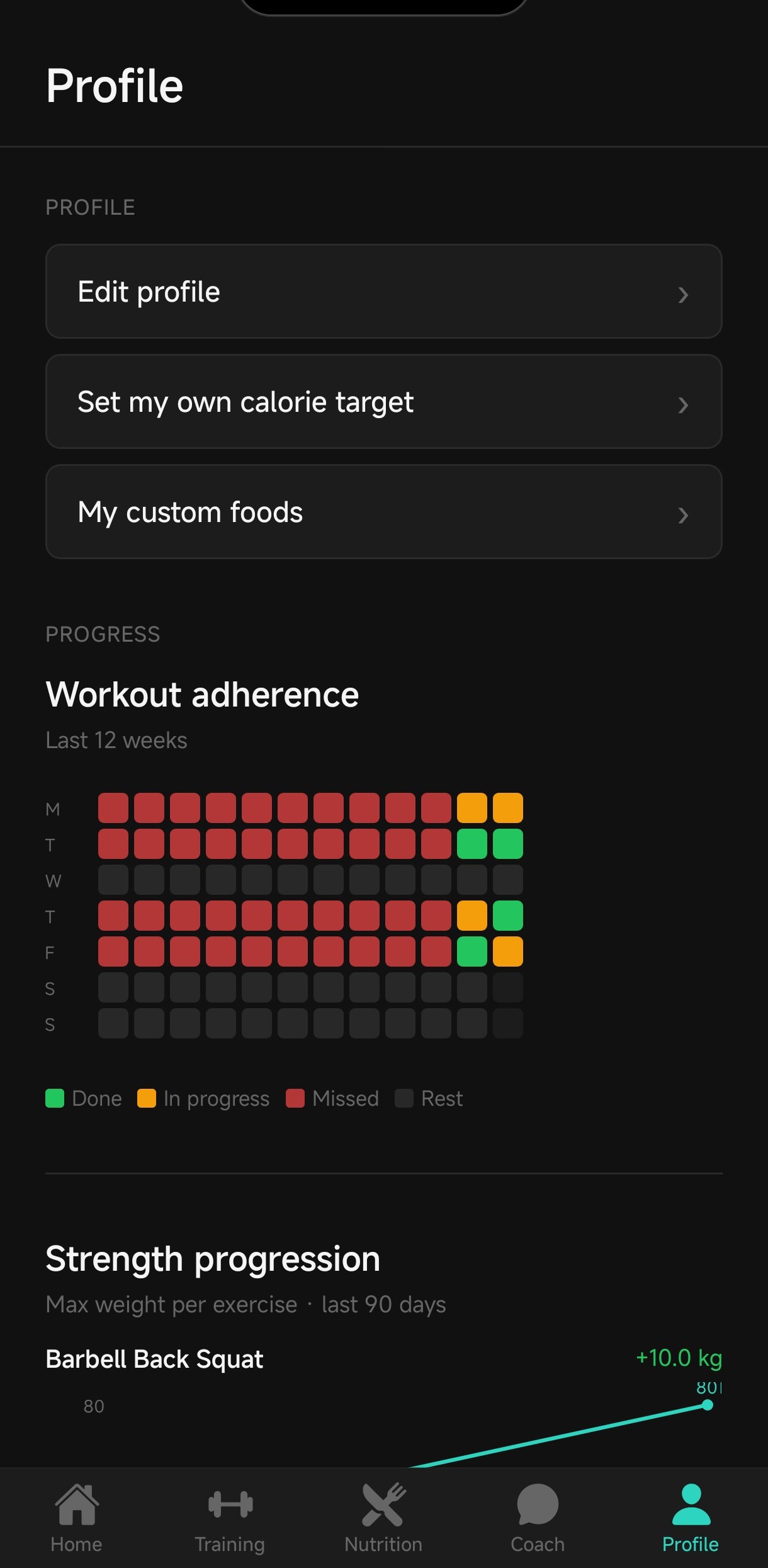 Kinta Fit progress analytics with workout adherence and strength progression
