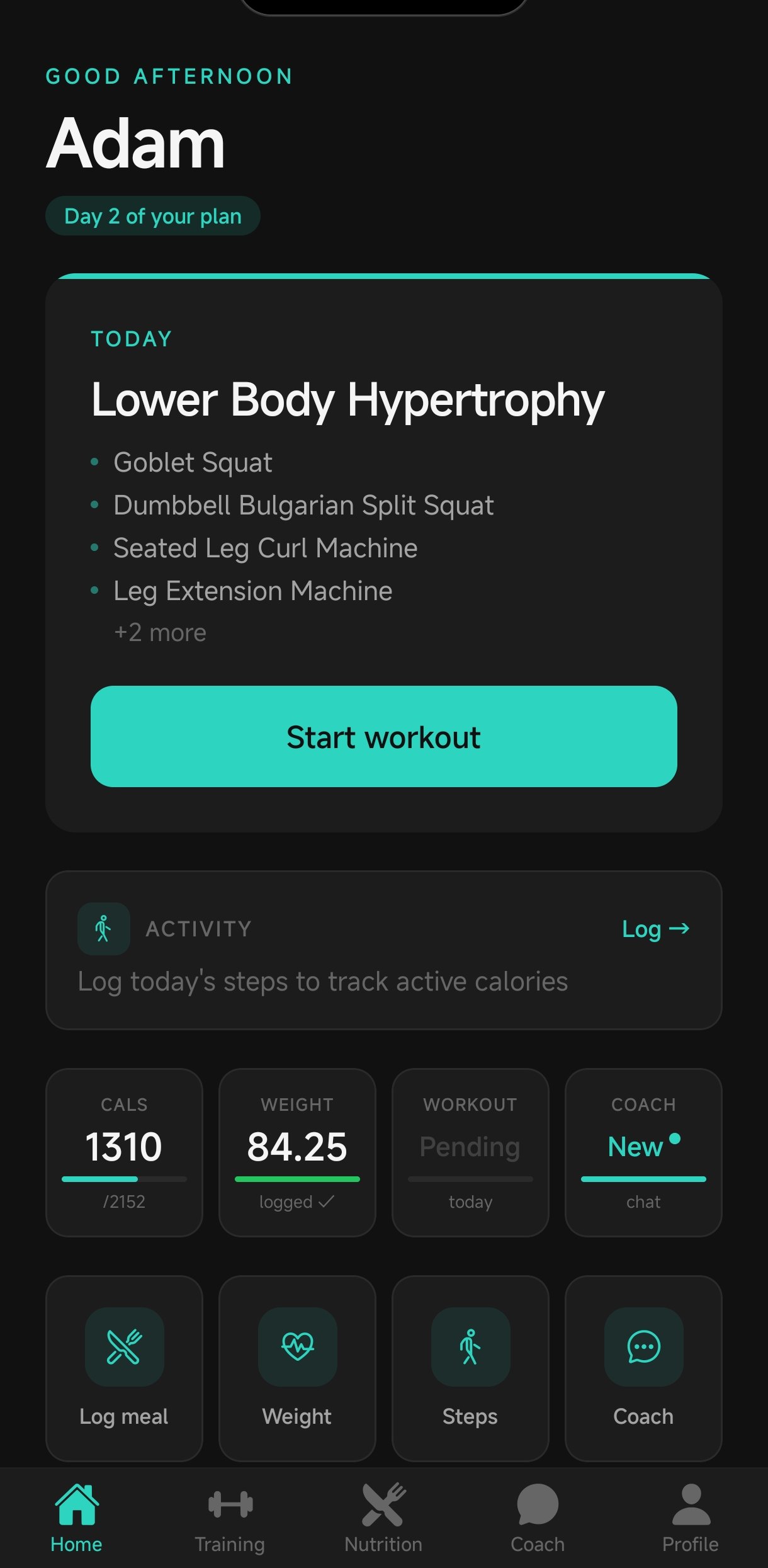 Kinta Fit home dashboard with today's workout and daily stats
